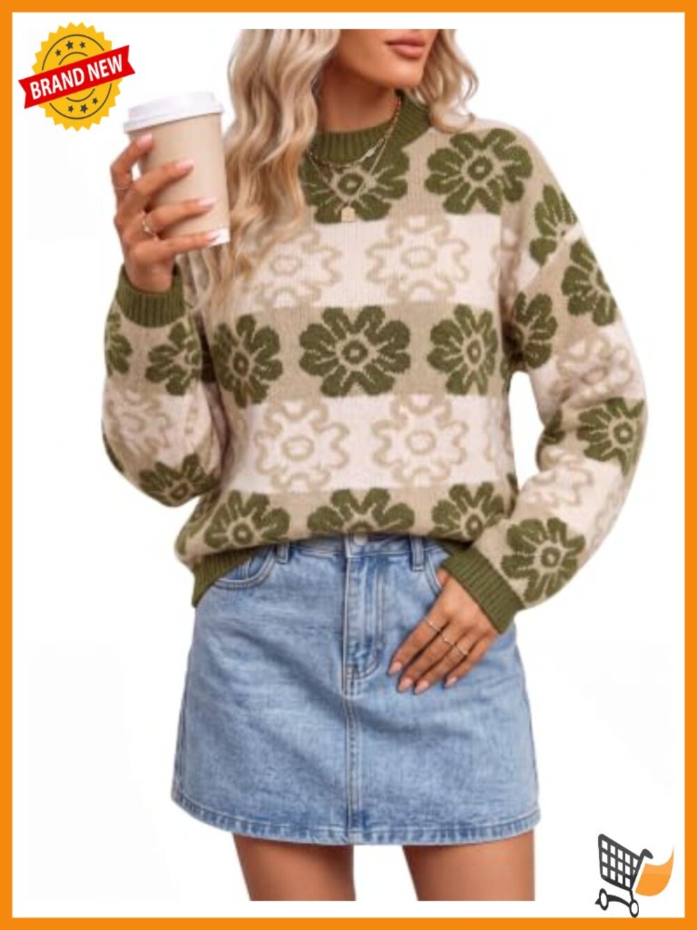 Women's Floral Knit Crewneck Pullover Sweater Loose Fit Long Sleeve